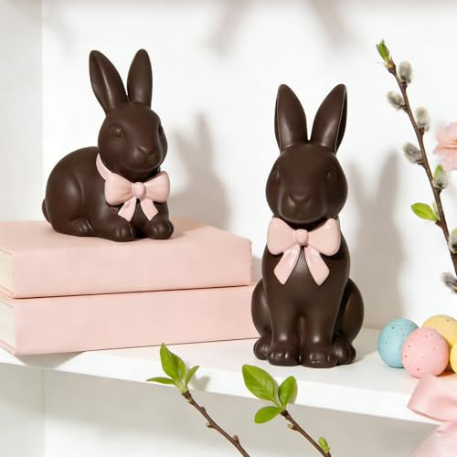 DN DECONATION Easter Decorations Bunny Figurines Set with Pink Bow, Chocolate Easter Bunny Decor for Brown Rabbit Statues Farmhouse Home Decor, Resin Tabletop Sculptures for Coffee Table Indoor | Amazon (US)