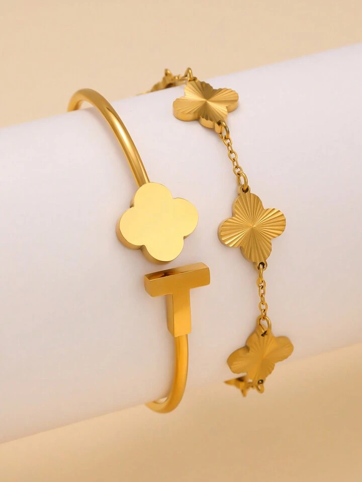 Textured Four-Leaf Clover Stainless Steel Women Bracelet Set, Suitable For Multiple Occasions, Couples, Banquets, Parties, Gifts | SHEIN