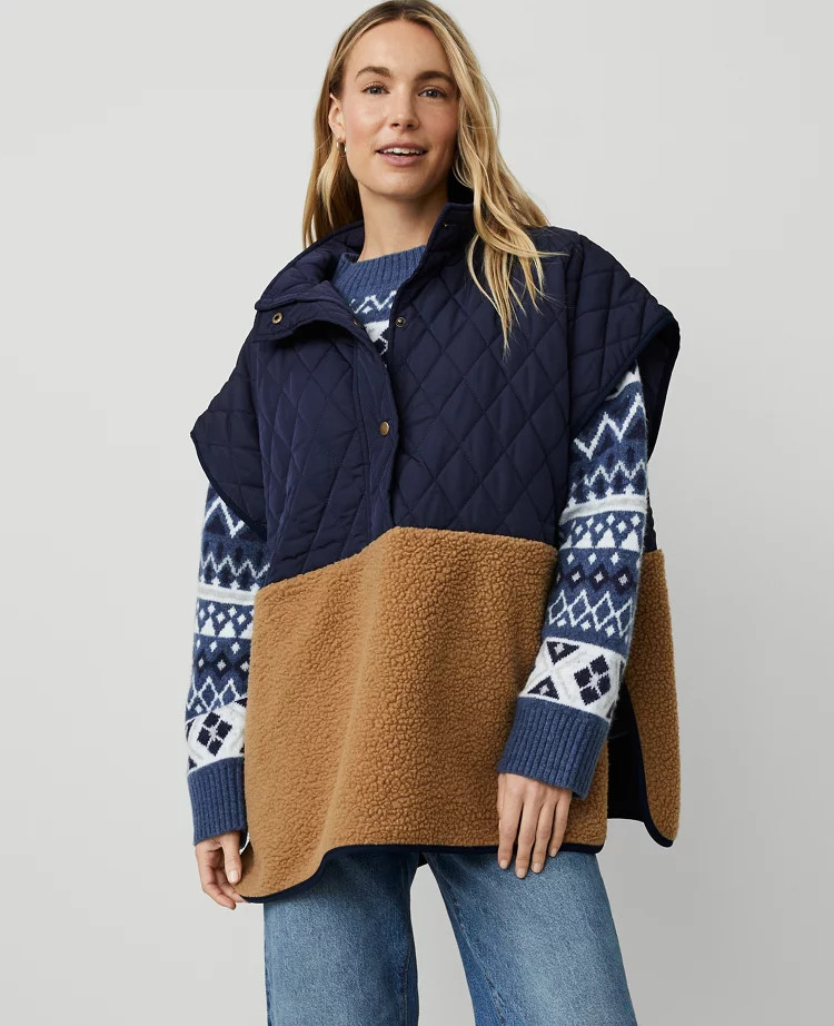 Quilted Sherpa Button Front Poncho | Ann Taylor (US)