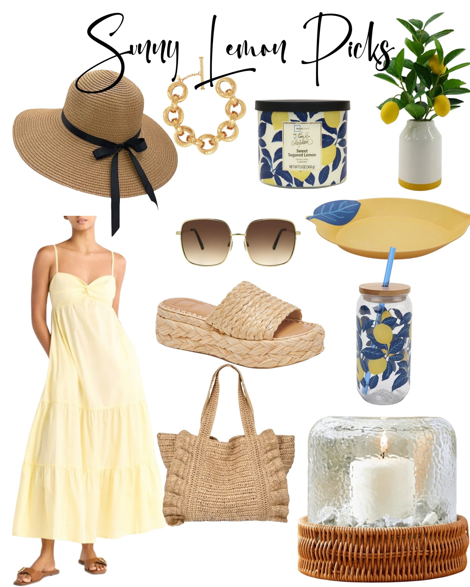 Soaking up the sunshine with all the lemony, laid-back vibes! From breezy sundresses and woven accessories to citrus-scented candles and lemon-themed home finds, this roundup is your go-to for an effortless summer look + decor refresh. Perfect for patio hangs, vacation days, or just bringing a little sunshine indoors!

summer outfit
lemon decor
breezy sundress
woven accessories
straw hat
platform sandals
yellow dress
summer vibes
patio style
summer essentials
coastal home finds
target finds
walmart finds
LTK summer
LTK home
neutral accessories
rattan bag
outdoor candle
citrus theme
easy summer style

#LTKMidsize #LTKHome #LTKSeasonal