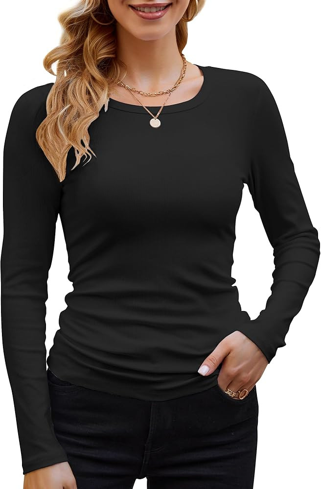 GEMBERA Womens Ribbed Long Sleeve Crewneck Casual Slim Basic Shirts Fitted Knit Tops | Amazon (US)