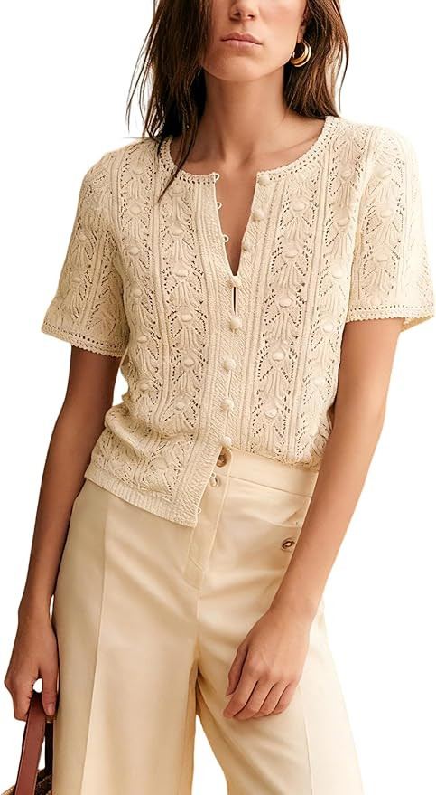 Bianstore Womens Casual Short Sleeve Crochet Knit Cardigans Lightweight Button Down Hollow Out Sw... | Amazon (US)