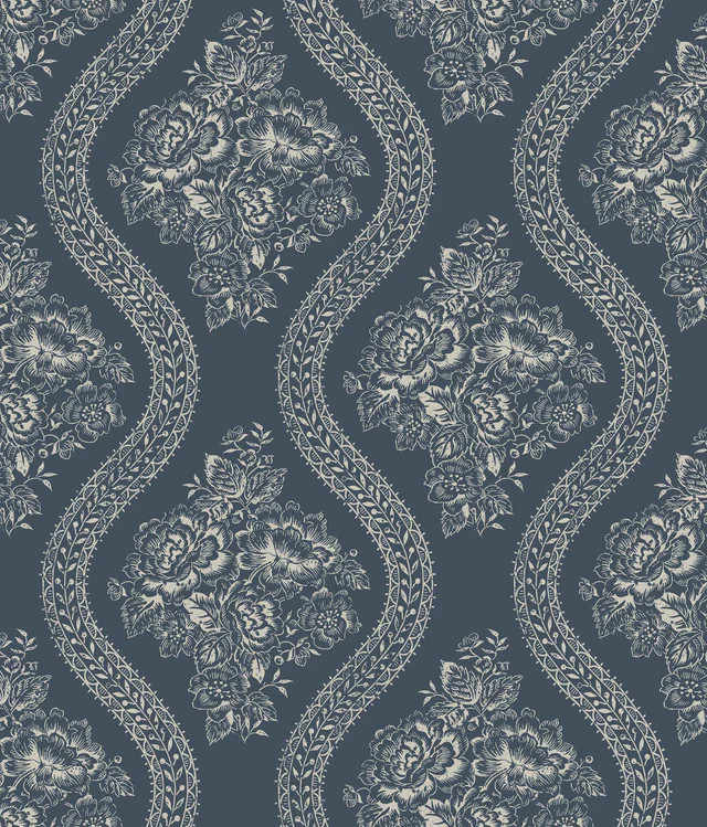 Magnolia Home Coverlet Floral Grey & Blue Wallpaper | DecoratorsBest