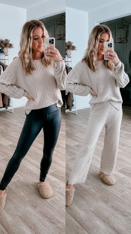 My cozy set and faux leather leggings are @Walmart finds!! I can’t tell you how cozy they are. The high rise black leggings are a dupe to a super popular one that I love. These are thick and great quality. Wearing small but XS would have worked better. Stick with your true size.

#walmartpartner #walmartfashion 

#LTKunder100 #LTKstyletip #LTKunder50