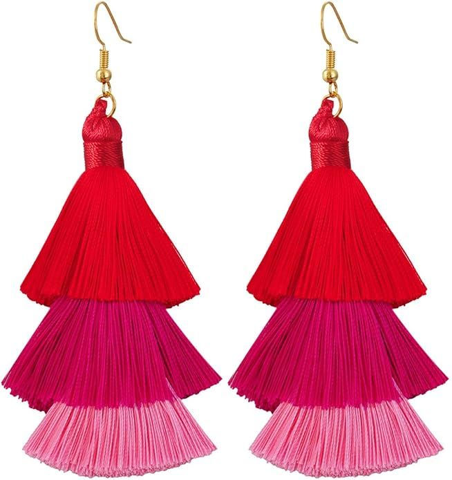 SUNYIK Gradual Tiered Thread Tassel Dangle Earrings for Women, Round Druzy Stud Earring | Amazon (US)