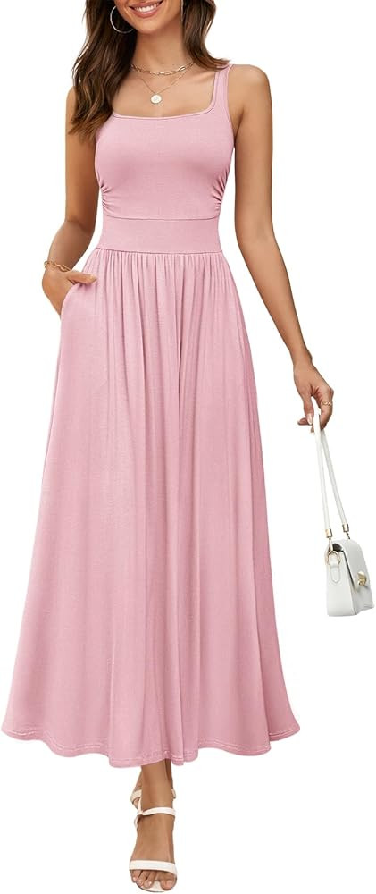 MEROKEETY Women's 2025 Summer Sleeveless Tank Dress Casual Square Neck Flowy Maxi Sundress with P... | Amazon (US)