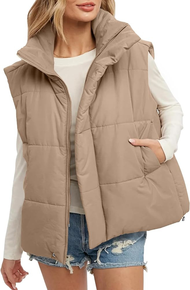 Fazortev Womens Oversized Puffer Vest Zip Up Stand Collar Sleeveless Padded Jacket Coat | Amazon (US)