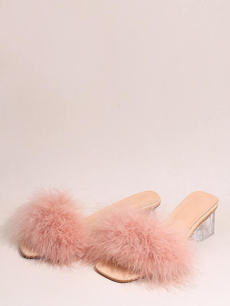 Plus Fluffy Chunky Heeled Mules | SHEIN