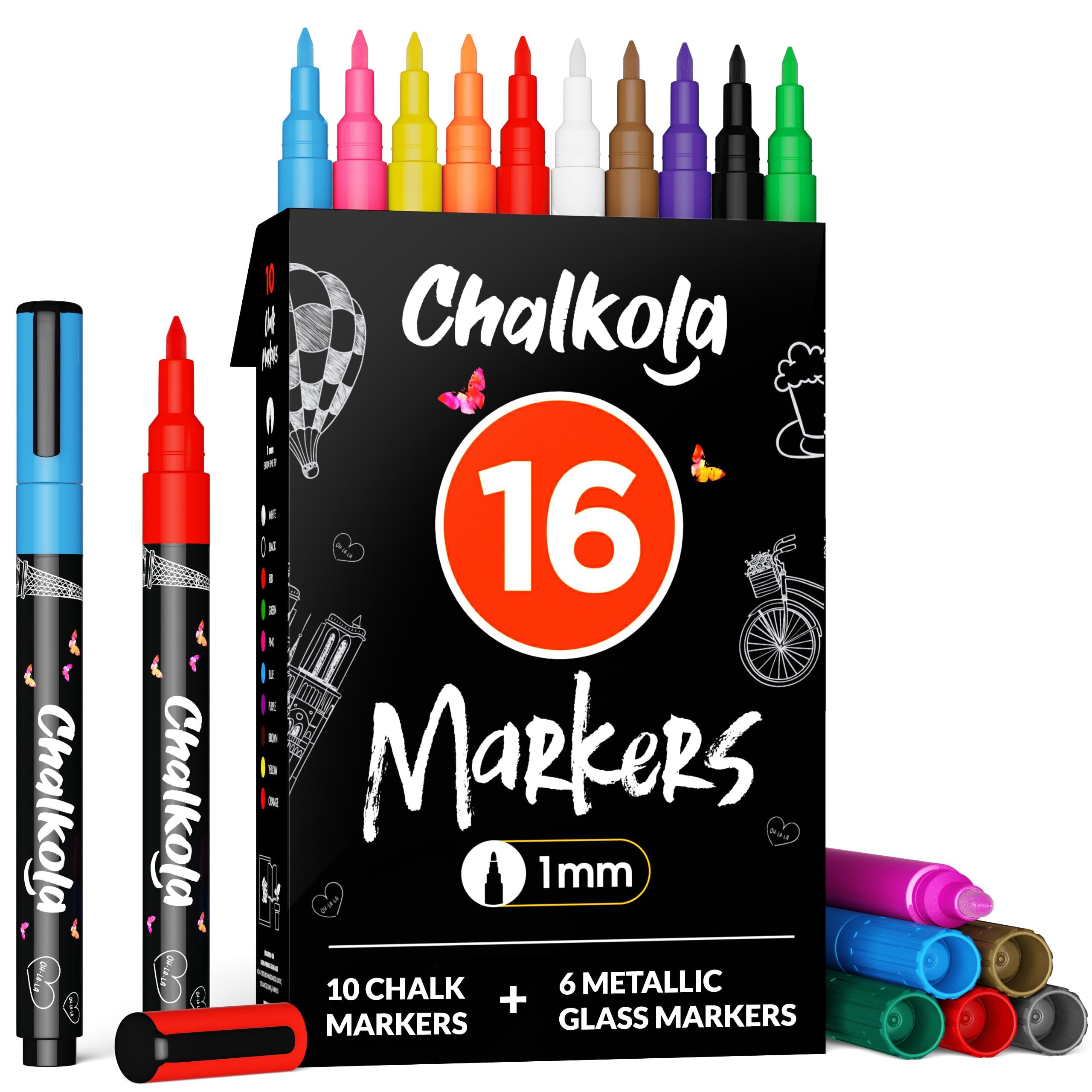 Chalkola Extra Fine Tip Chalk Markers for Blackboard & Glass (Pack of 16, 1mm Point) | Window Mar... | Amazon (US)