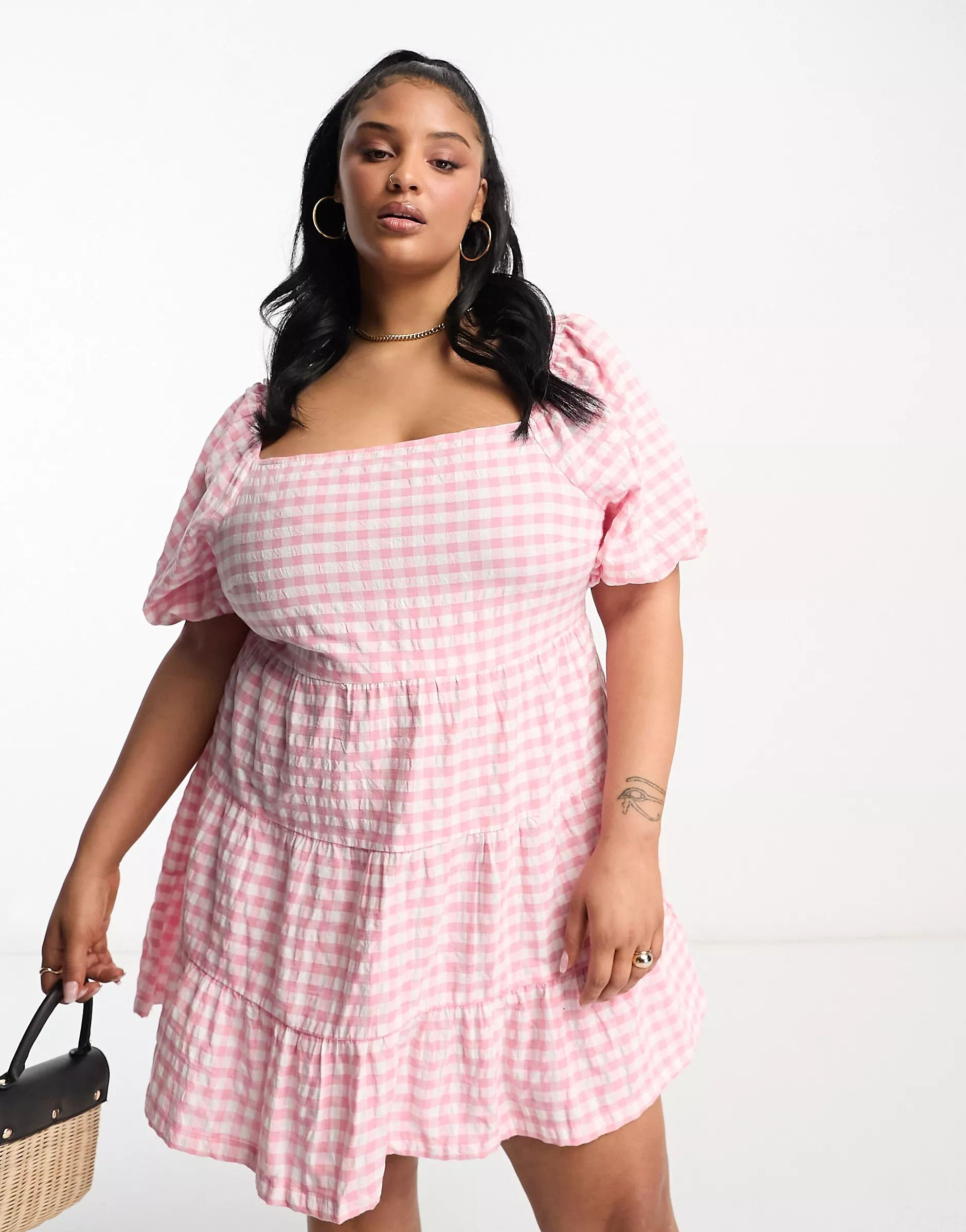 Influence Plus square neck puff sleeve beach dress in pink gingham | ASOS (Global)