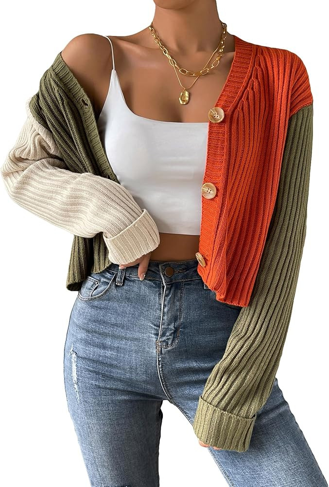 SHENHE Women's Color Block Open Front Long Sleeve Ribbed Knit Cropped Cardigan Sweaters | Amazon (US)