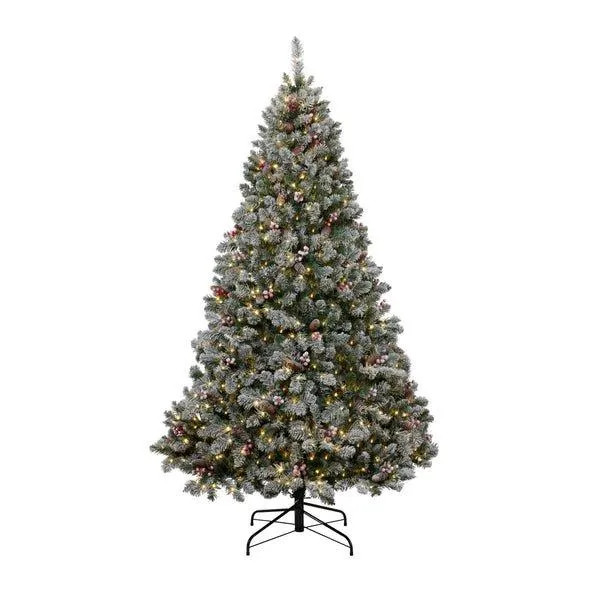 Premium Christmas Tree 7ft / 2.1m - Snowy Flocked Windsor with Pinecones & Berries - Pre-Lit with... | Debenhams UK
