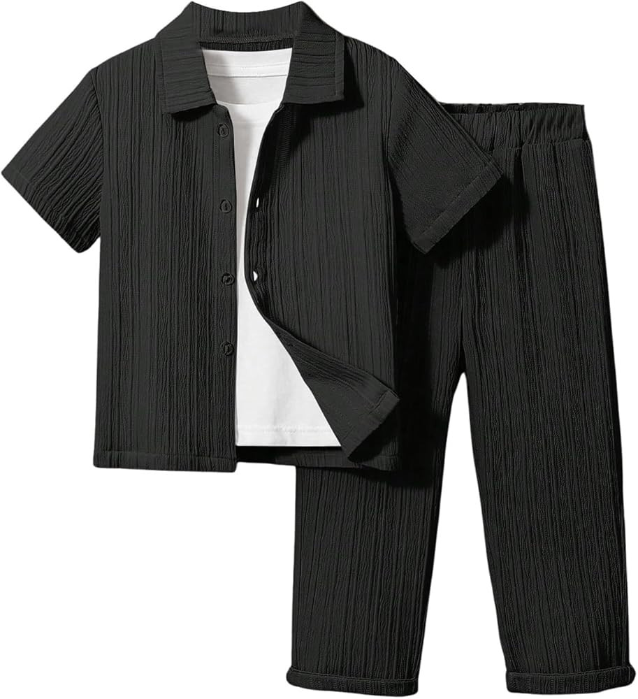 Boy's 2 Piece Outfits Textured Button Down Short Sleeve Collar Shirts Tops and Elastic Waisted Pa... | Amazon (US)