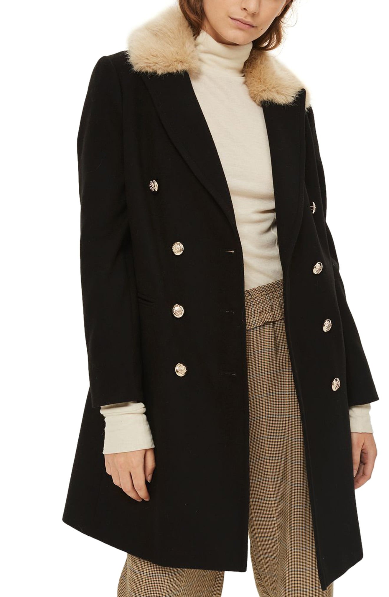 Nina Faux Fur Collar Double Breasted Coat | Nordstrom