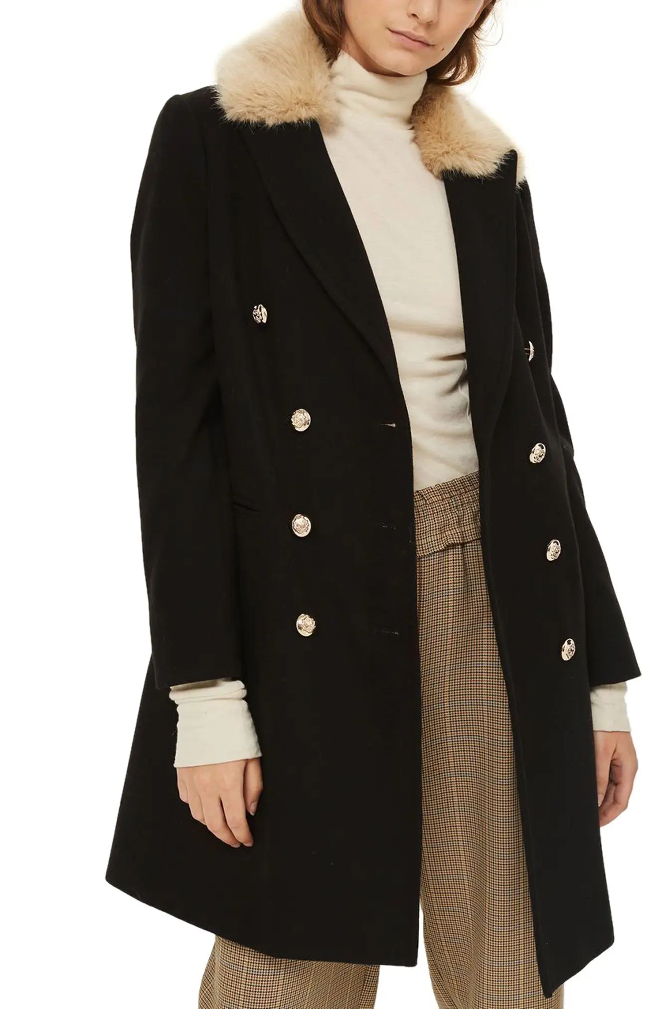 Nina Faux Fur Collar Double Breasted Coat | Nordstrom
