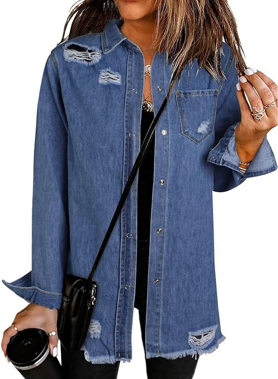 Dokotoo Women's Oversized Denim Jacket Casual Long Boyfriend Distresse Jean Jacket Autumn Spring | Amazon (US)