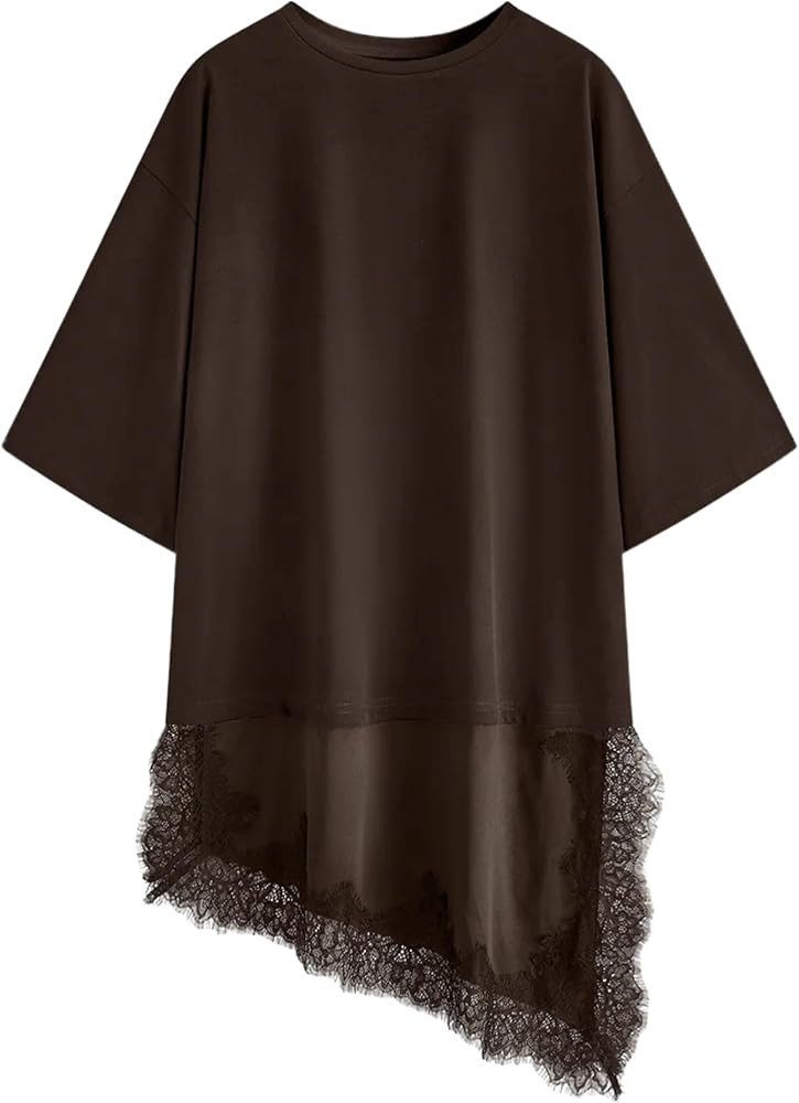 Asymmetrical Lace Trim T-Shirt for Women Y2k Short Sleeve Layering Tops Casual Crew Neck Short Dr... | Amazon (US)