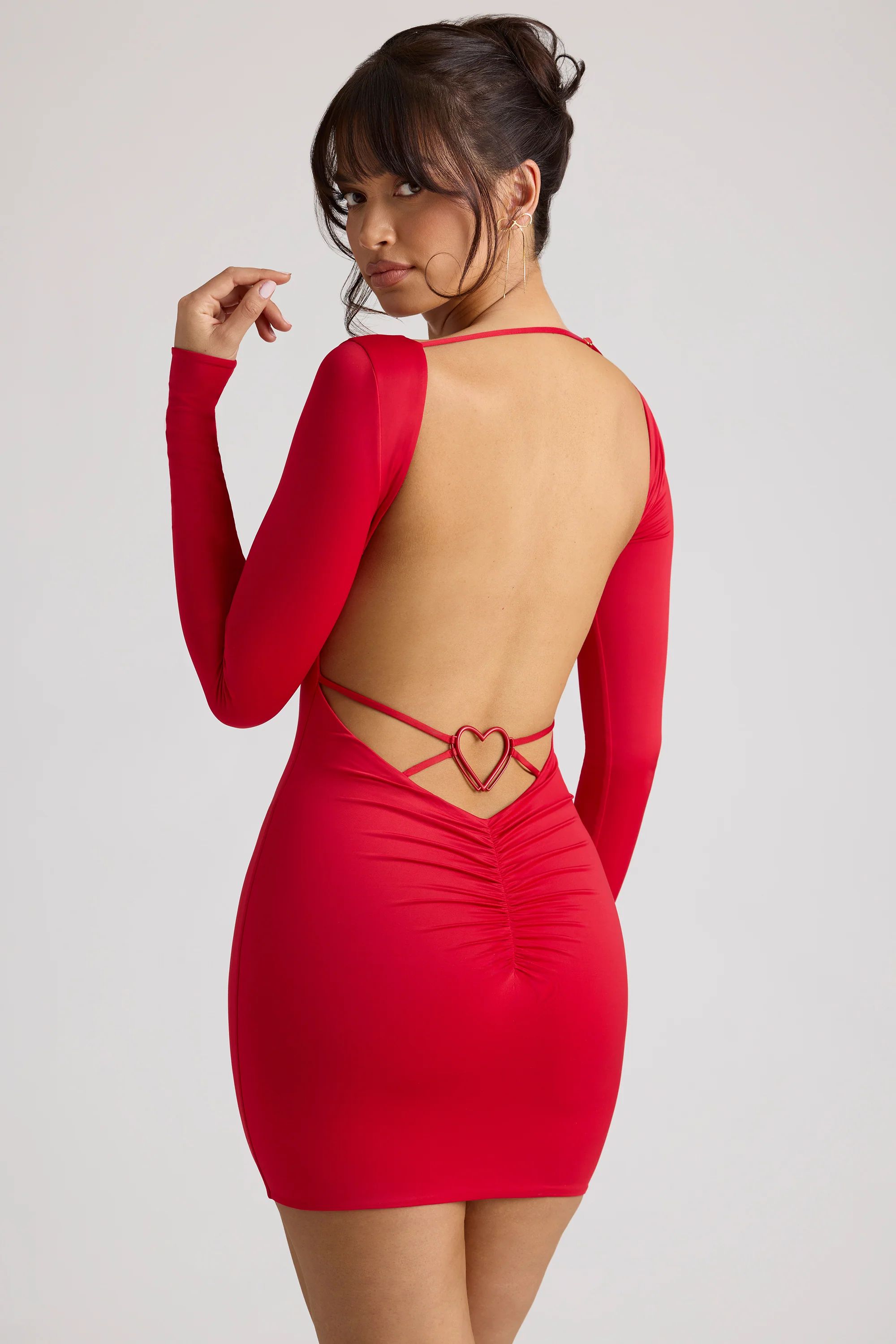 Long Sleeve Sweetheart Neckline Mini Dress in Fire Red | Oh Polly