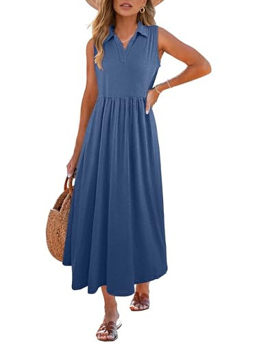 ANRABESS Womens Casual Dress Summer Sleeveless V Neck Sundress Aline Flowy Beach Maxi Dresses Travel 2026 Vacation Outfits Blue | Amazon (US)