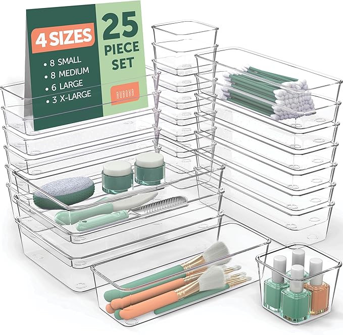 25 PCS Clear Plastic Drawer Organizers Set, 4 Sizes Clear Drawer Organizers & storage Bins for Ma... | Amazon (US)