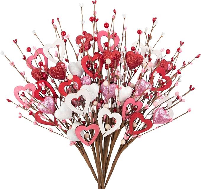 6 Pcs Valentines Day Decor 17'' Artificial Hearts Picks Berry Stems Red Pink White Valentines Flo... | Amazon (US)