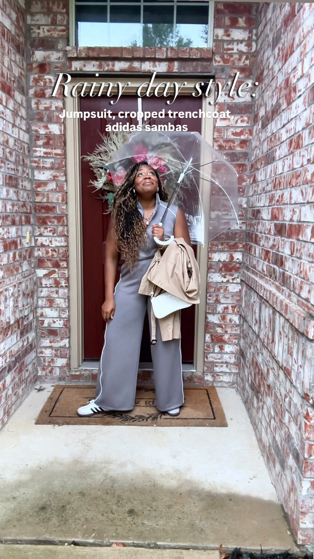 Rainy day outfit ☔️ 

This jumpsuit is incredibly soft with a zip closure at the top, and an opening in the back if you need to use the restroom. 

I paired it with my Adidas Samba’s, a white bag for some spring and summer pop, my cropped trenchcoat, and this fun clear umbrella

#LTKootd #LTKmomlife