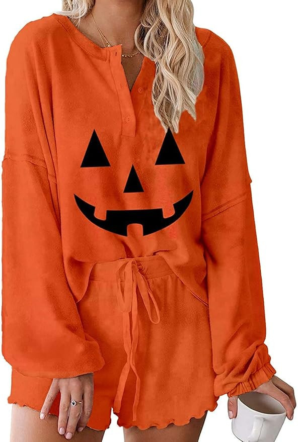 Women's Henley Button Down Ghost Pumpkin Graphic Printed Ruffle Two Piece outfits Halloween Pajam... | Amazon (US)