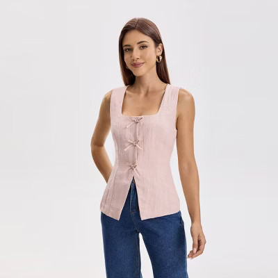 Women's Square Neck Sleeveless Front Bow Tie Closure Linen-Look Vest Top - A New Day™ Pink L | Target