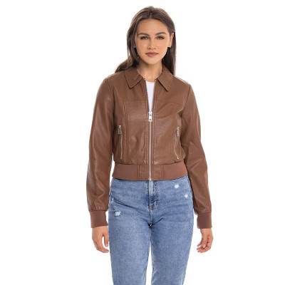 Women's Faux Leather Bomber Jacket - S.E.B. By SEBBY Luggage Medium | Target