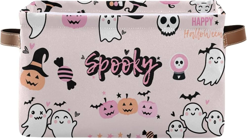 Foldable Canvas Storage Basket with Handles Halloween Cartoon Ghost Durable Storage Bin Organizer... | Amazon (US)