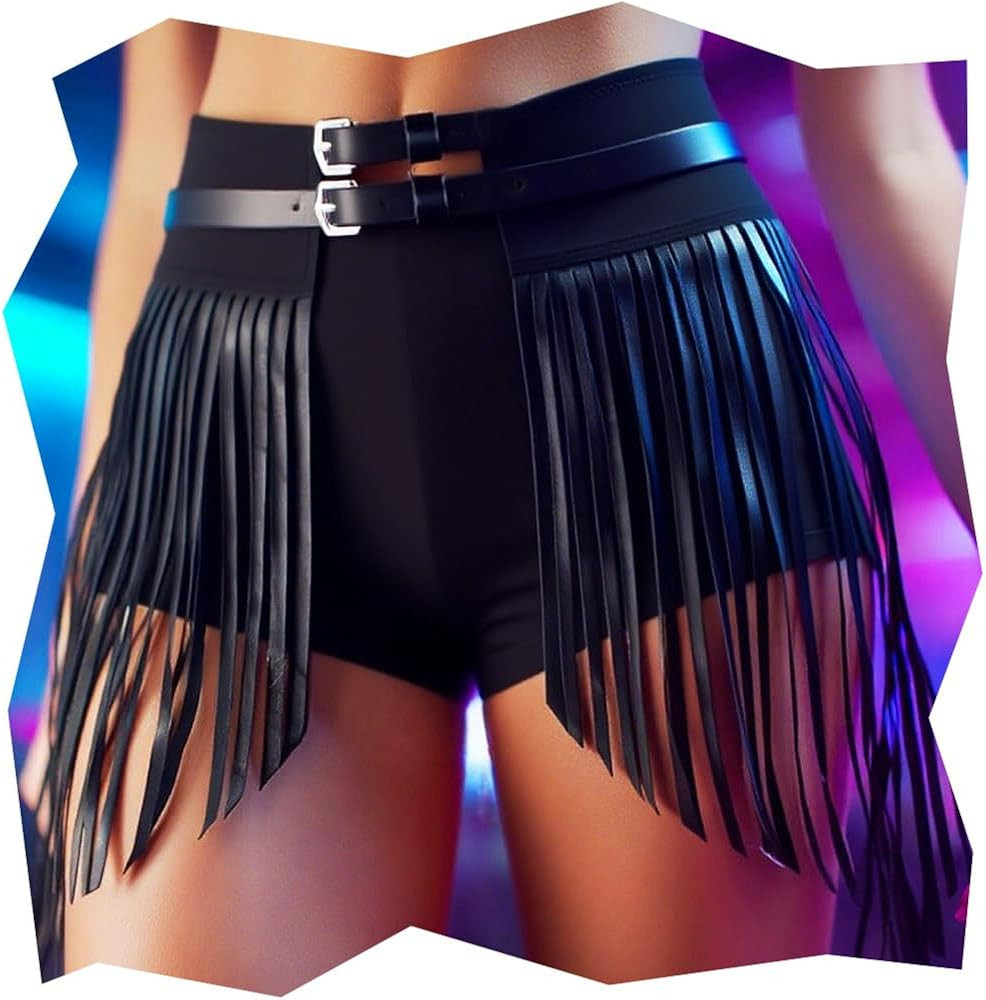 Leather Fringe Belt Fashion Rave Black Short Skirts for Women | Amazon (US)
