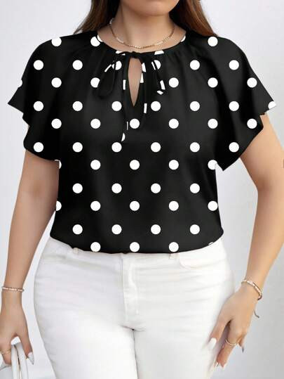 SHEIN Clasi Plus Size Women Polka Dot Print Tie Neck Ruffle Short Sleeve Elegant Blouse, For Summ... | SHEIN