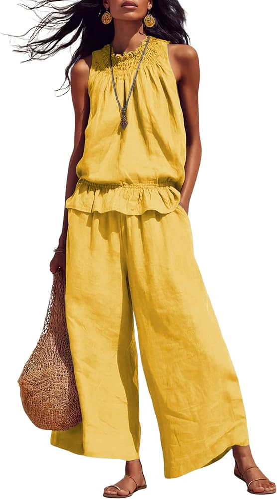 Tanming Women's Linen 2 Piece Outfits Sleeveless Ruffle Top Wide Leg Pants Summer Loungewear Beac... | Amazon (US)