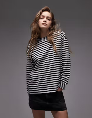 ARKET jersey long sleeve relaxed t-shirt with deep cuffs in white and blue stripes | ASOS (Global)