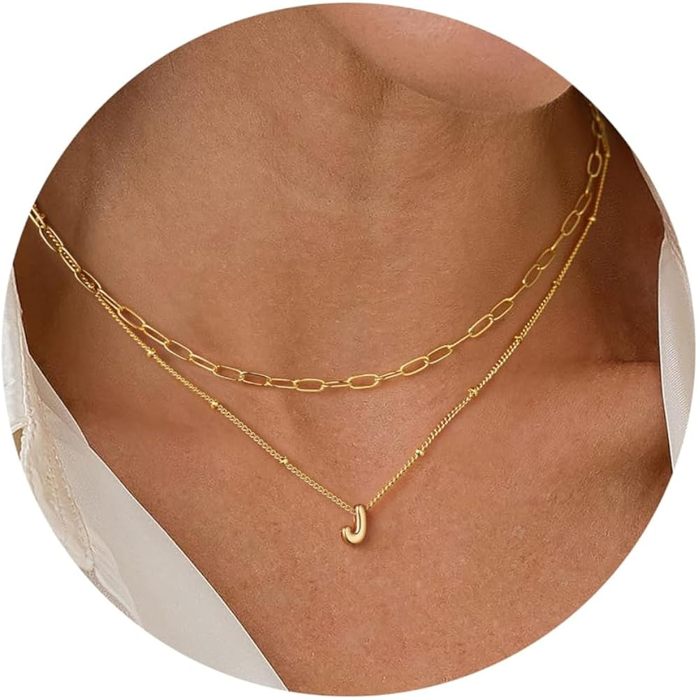 Turandoss Personalized Bubble Letter Necklace - Layered Gold Initial Tiny Small Pendent Necklaces... | Amazon (US)