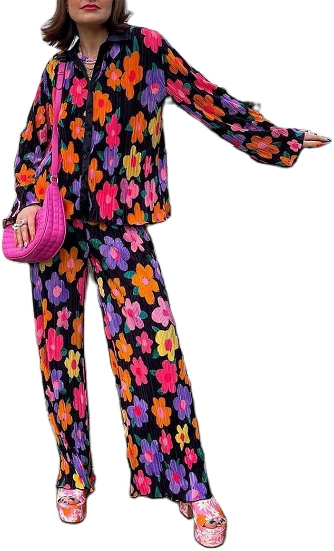 NUFIWI Women Y2K 2 Piece Pants Set Oversized Floral Printed Button Down Shirt High Waist Pants Outfi | Amazon (US)
