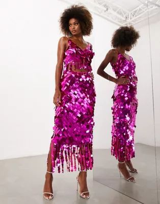 ASOS EDITION square paillette sequin crop top and midi skirt in hot pink | ASOS (Global)