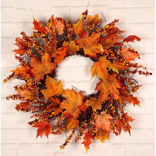 Bobasndm 18 Inch Fall Wreath for Front Door, Fall Wreath with Wooden Maple Leaves, Gold and Red F... | Walmart (US)