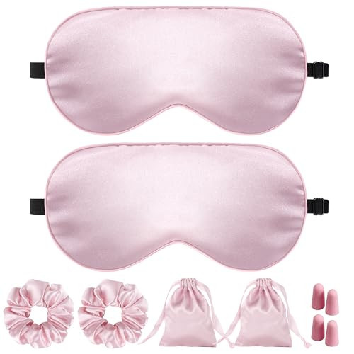 JroyJoy Silk Sleep Mask for Women - 100% Blackout, Super Soft Eye Mask for Side Sleepers, Sleeping Mask with Adjustable Strap, Pink Scrunchies for Women, with Travel Pouch | Amazon (US)