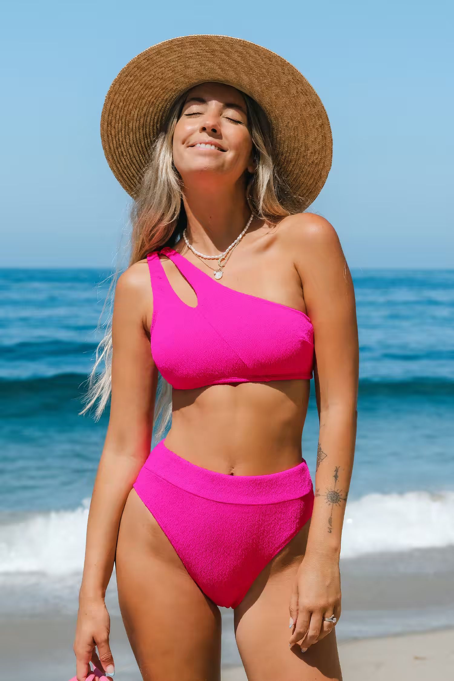 Hot Pink Texture Cutout One-Shoulder Top & Cheeky Bikini SetMix & Match Sizing | Cupshe US