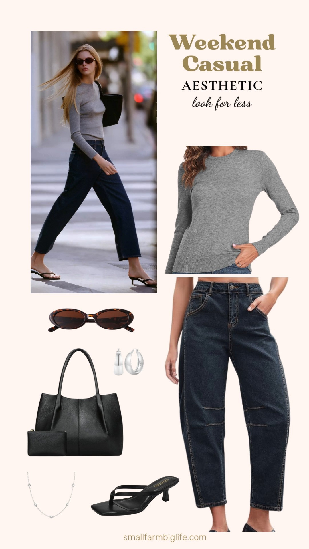 Love the weekend casual aesthetic but not the designer price tag? I found all the pieces on Amazon for so much less! From dark wash barrel jeans and a cozy lightweight crewneck sweater to a sleek vegan leather tote, tortoiseshell oval sunglasses, black kitten heel sandals, and dainty silver jewelry, you can get the whole effortless and polished look for a fraction of the cost. Linking everything below! 

 #LTKgrwm #LTKootd #LTKOver40