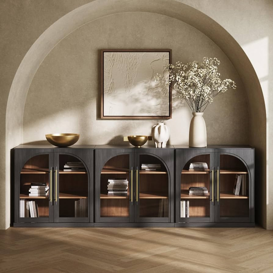 BELLEZE Set of 3 Modular Sideboard with Arched Glass Door, 97'' Accent Display Buffet Cabinet wit... | Amazon (US)