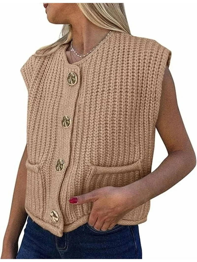 PRETTYGARDEN Women's Summer Sweaters Vest Sleeveless Button Down Cropped Pockets Chunky Knit Card... | Walmart (US)