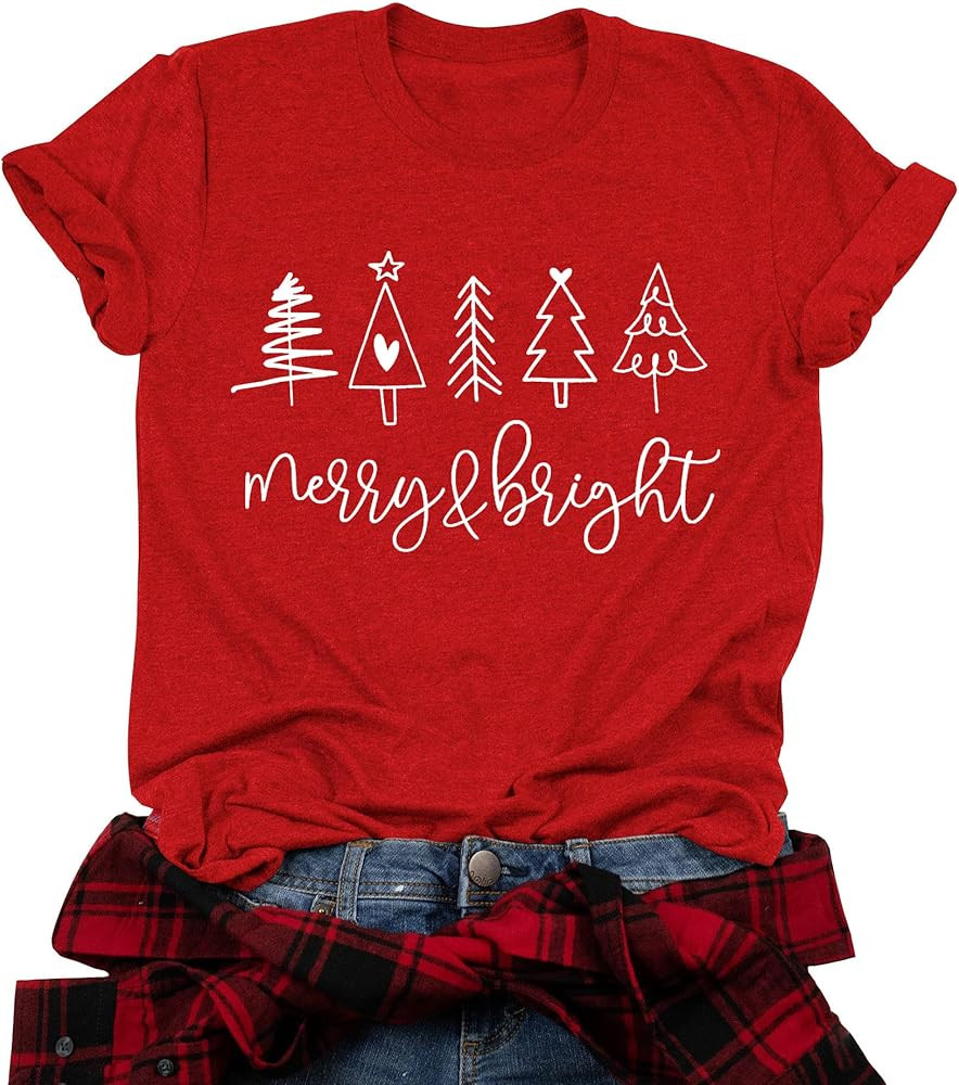 Christmas Shirts for Women Merry and Bright Christmas Shirt Xmas Tree Graphic Tee Shirt Holiday T... | Amazon (US)