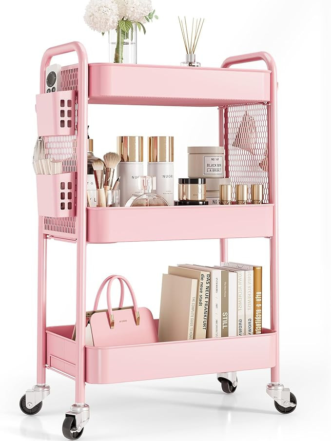 TOOLF 3 Tier Rolling Cart Storage Organizer, Metal Rolling Utility Cart with Wheels, Hooks & Bins... | Amazon (CA)