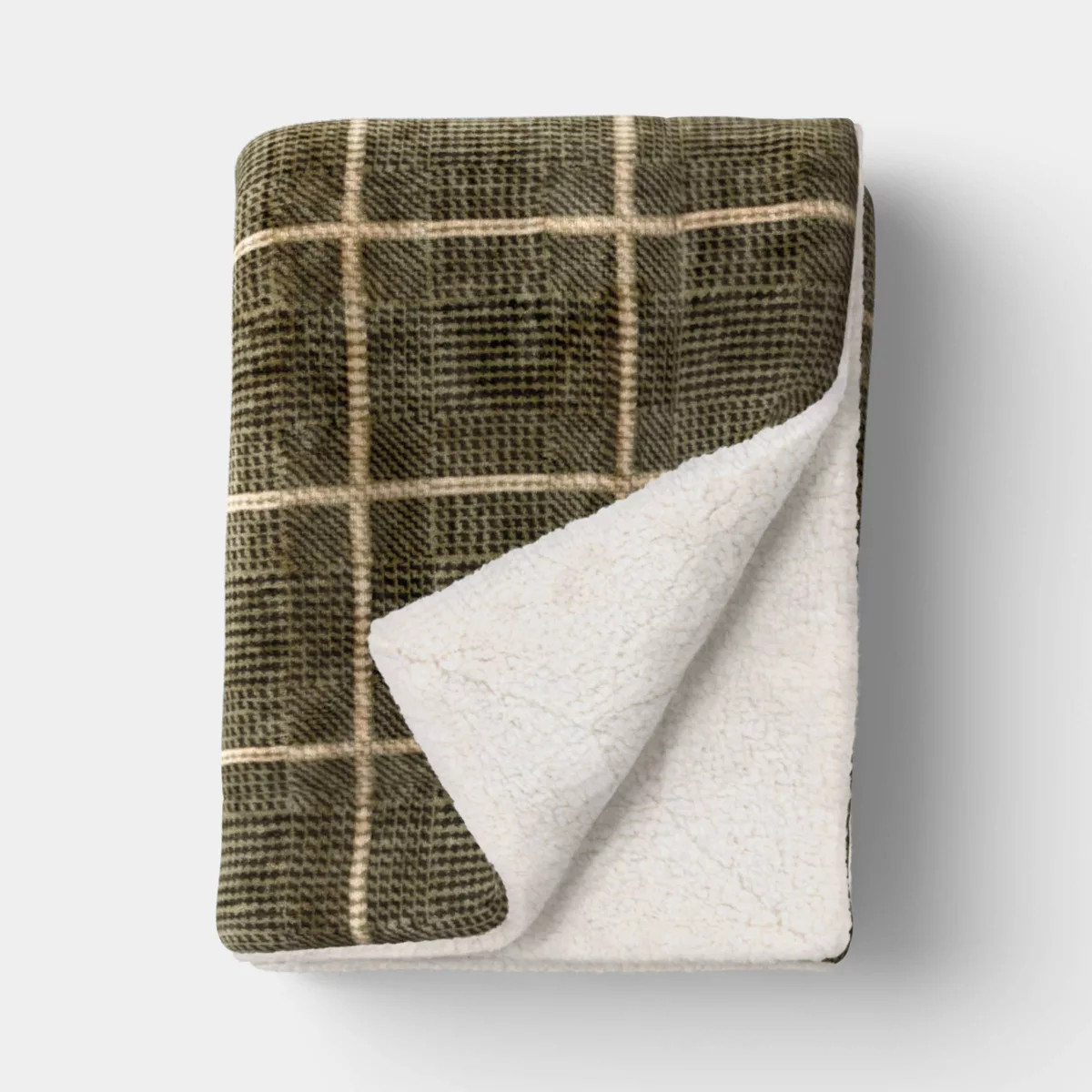 Glen Plaid Printed Plush Throw Blanket with Faux Shearling Reverse Dark Sage Green - Threshold\u2... | Target