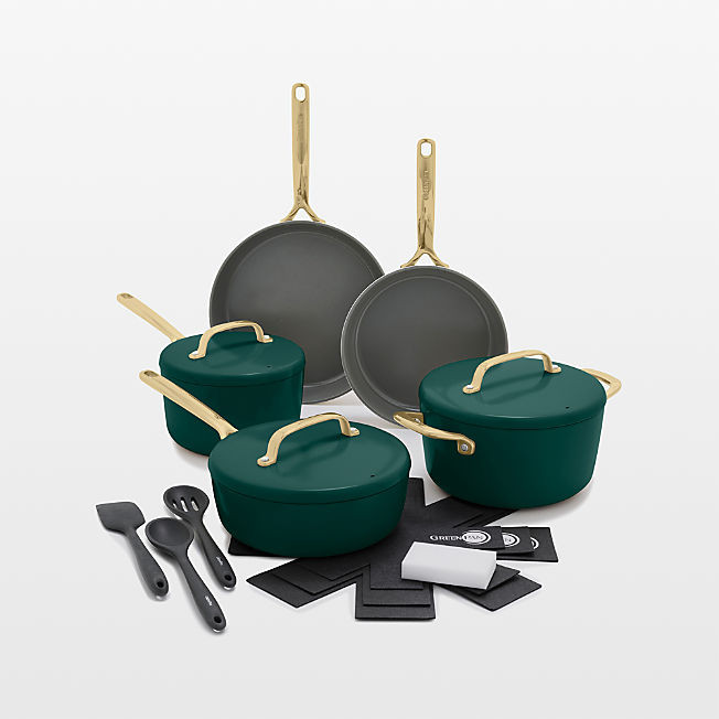 GreenPan GP5 Rainforest Green Ceramic Non-Stick 14-Piece Cookware Set with Champagne Handles + Re... | Crate & Barrel