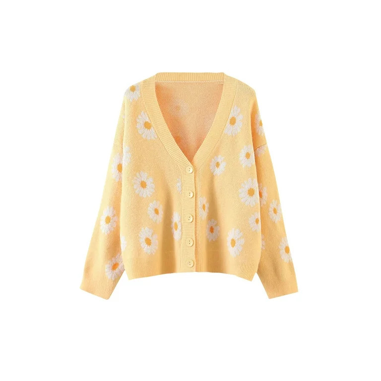 Douhoow Women Floral Daisy Knitted Cardigan Autumn V-Neck Button Sweater - Walmart.com | Walmart (US)