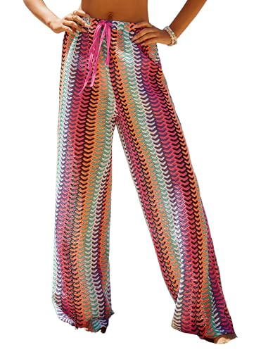 ZAFUL Womens Beach Cover Up Pants Sexy Crochet Drawstring Elastic Boho Swimsuit Cover Up Long Pants Beach Wear Multicolor S | Amazon (US)