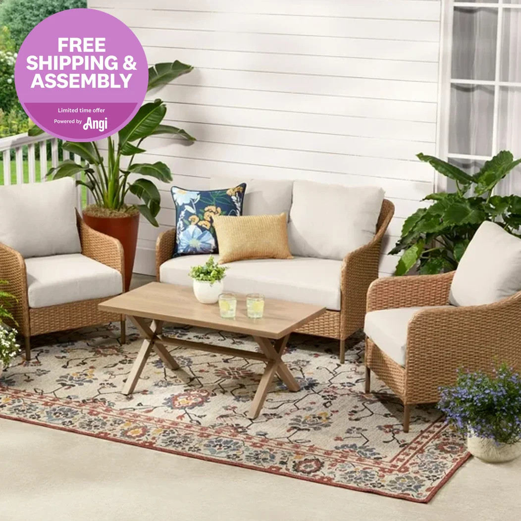 Mainstays Chelsea Outdoor Patio Steel 4-Pieces Deeping Seating Set with Beige Cushions - Walmart.... | Walmart (US)